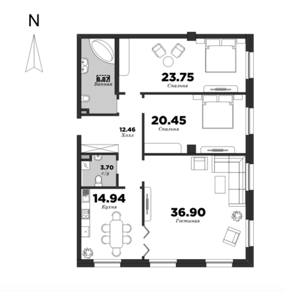 NEVA HAUS, Корпус 2, 3 спальни, 121.07 м² | планировка элитных квартир Санкт-Петербурга | М16